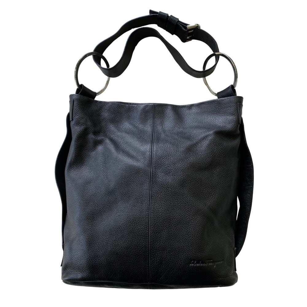 Salvatore Ferragamo Hobo Bag Black Pebbled Leather Silver‎ Ring Strap Slouchy